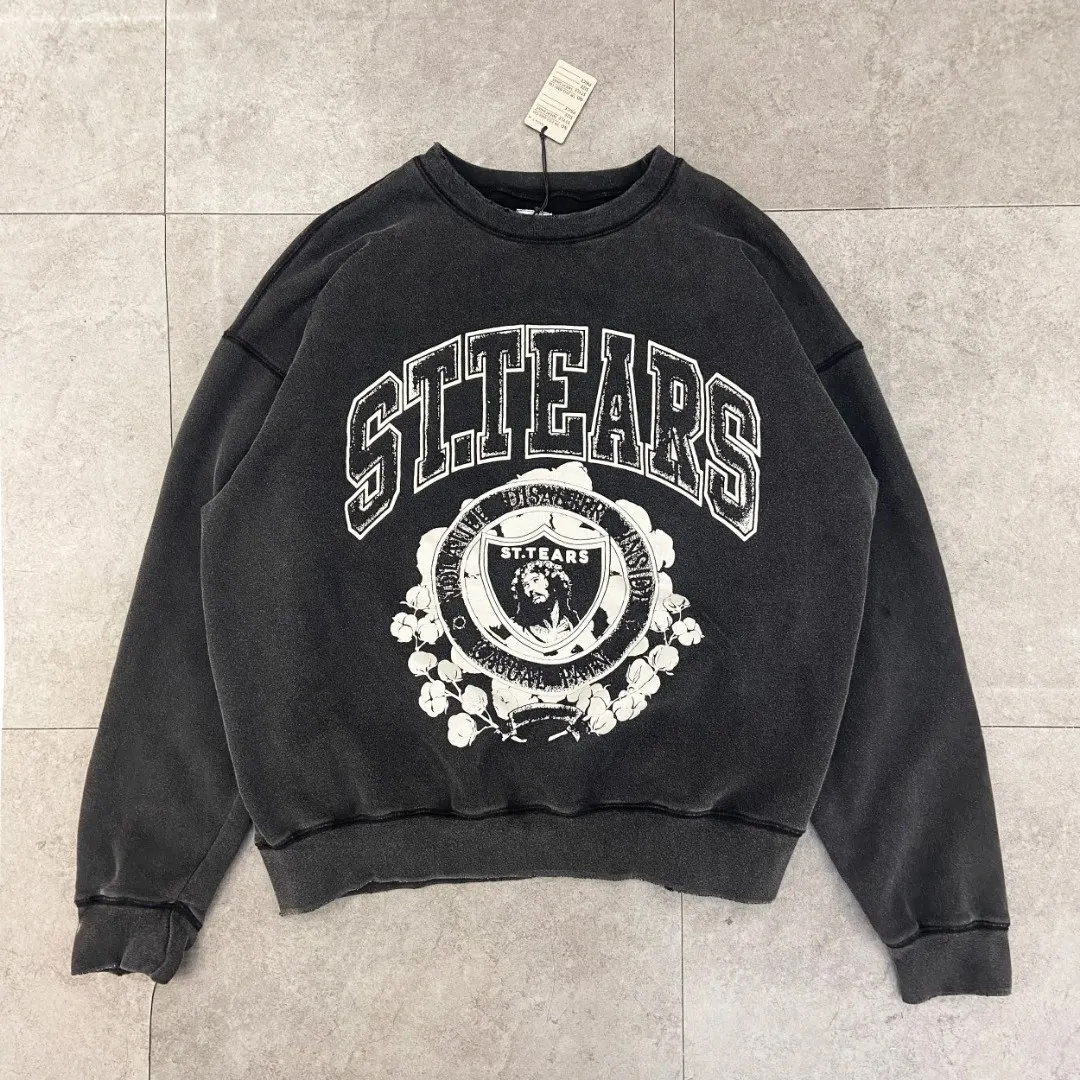 New arrival🆕SAINT MICHAEL DENIM TEARS co-branded DT_CRW SWEAT washed distressed plus velvet loose sweatshirt Fabric: 420g Style number: SM611 Size: S-M-L-XL Color: Black Price: P198